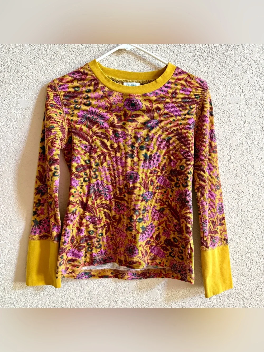 Sundance Roseanne Thermal Top Floral Waffle Knit Top Ochre Yellow Petite Small